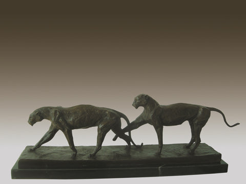 Two Wild Cat Bronze and Marble Sculpture Deco