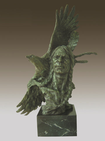 Hot Cast Bronze Sculpture Statue Native American Indian Chief Shaman Bald Eagle