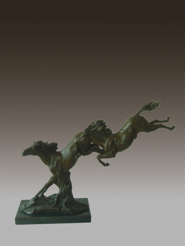 Two Running Horses Bronze Sculpture Marble Base Statue Art